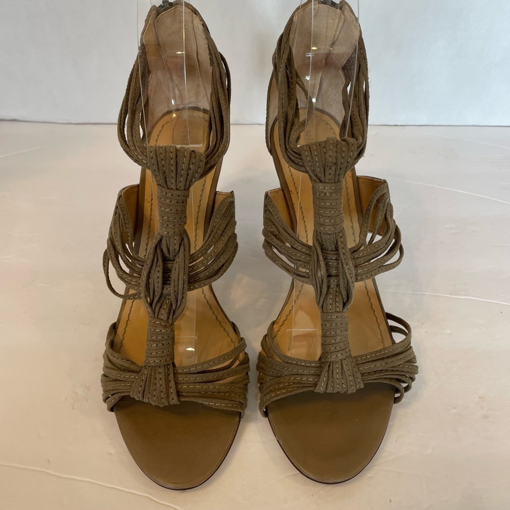Nine West tan suede strappy zipper back open toe heels shoes size 6 1/2 M